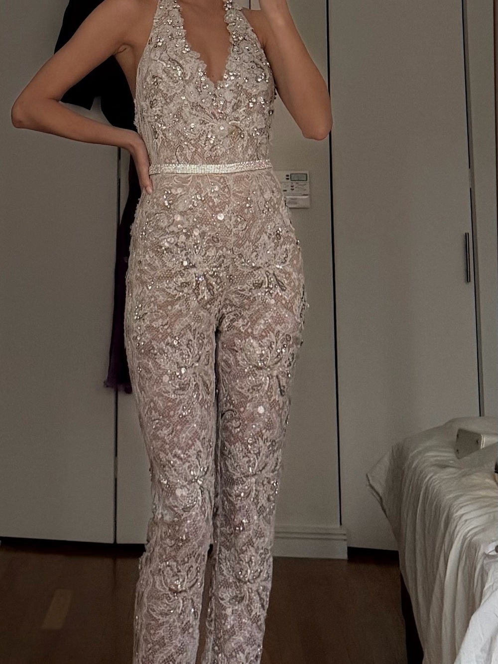 Roberto Cavalli Sequin Embellished Halter Jumpsuit in Blush Champagne